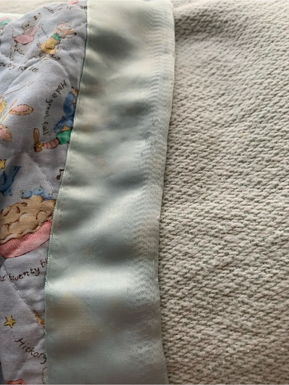 Vintage Quilted Mother Goose Baby Throw w/Trim Pastel Mint & Multi-Color